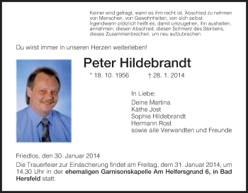 Traueranzeige von Peter Hildebrandt von Hersfeld