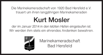 Traueranzeige von Kurt Mosler von Hersfeld
