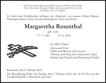 Traueranzeige von Margaretha Rosenthal von Hersfeld