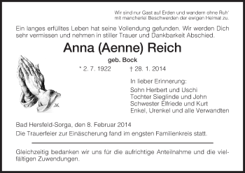 Traueranzeige von Anna Reich von Hersfeld