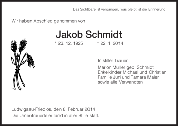 Traueranzeige von Jakob Schmidt von Hersfeld