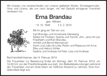 Traueranzeige von Erna Brandau von Hersfeld