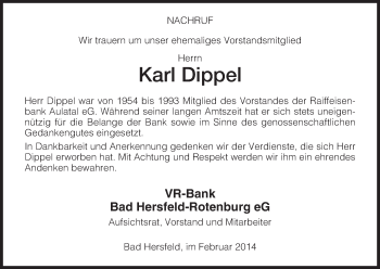 Traueranzeige von Karl Dippel von Hersfeld