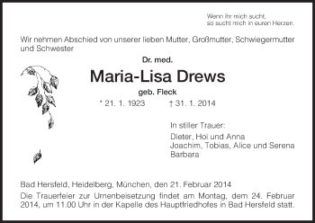 Traueranzeige von Maria-Lisa Drews von Hersfelder Zeitung
