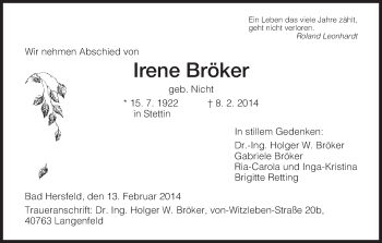 Traueranzeige von Irene Bröker von Hersfeld