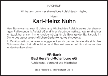 Traueranzeige von Karl-Heinz Nuhn von Hersfeld