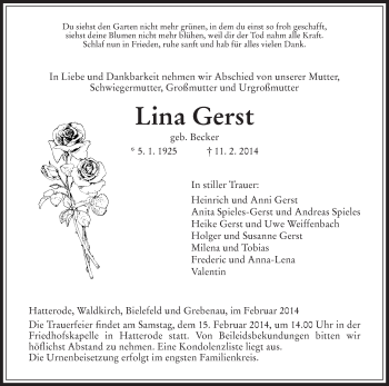 Traueranzeige von Lina Gerst von Hersfeld