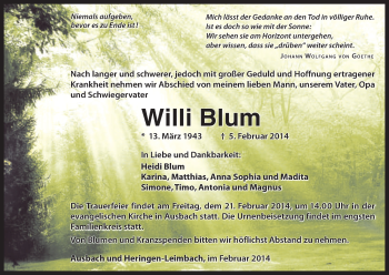 Traueranzeige von Willi Blum von Hersfeld