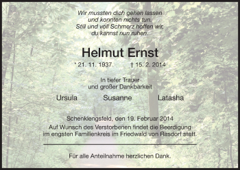 Traueranzeige von Helmut Ernst von Hersfeld