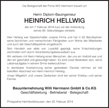 Traueranzeige von Heinrich Hellwig von Hersfeld