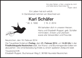 Traueranzeige von Karl Schäfer von Hersfeld