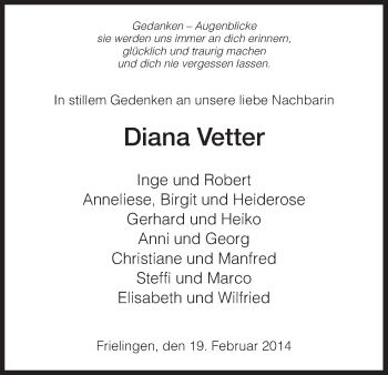 Traueranzeige von Diana Vetter von Hersfeld