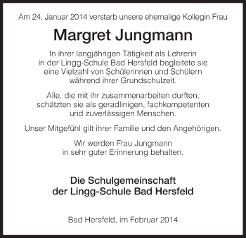 Traueranzeige von Margret Jungmann von Hersfeld
