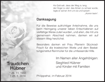 Traueranzeige von Traudchen Hübner von Hersfeld