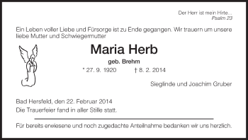 Traueranzeige von Maria Herb von Hersfeld