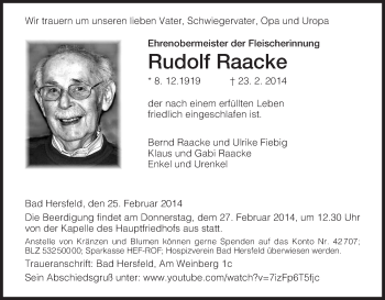 Traueranzeige von Rudolf Raacke von Hersfeld