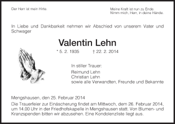 Traueranzeige von Valentin Lehn von Hersfeld