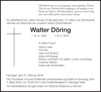 Traueranzeige von Walter Döring von Hersfeld