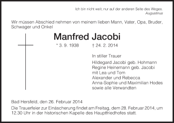 Traueranzeige von Manfred Jacobi von Hersfeld