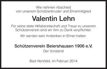 Traueranzeige von Valentin Lehn von Hersfeld