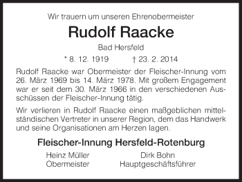 Traueranzeige von Rudolf Raacke von Hersfeld