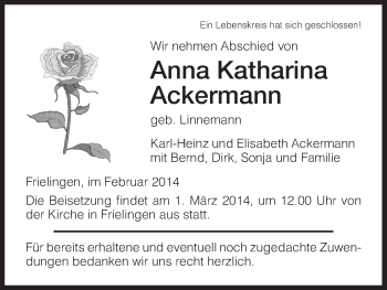 Traueranzeige von Anna Katharina Ackermann von Hersfeld