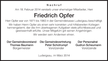 Traueranzeige von Friedrich Opfer von Hersfeld