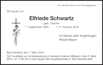 Traueranzeige von Elfriede Schwartz von Hersfeld