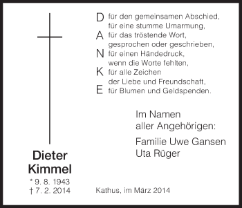 Traueranzeige von Dieter Kimmel von Hersfeld