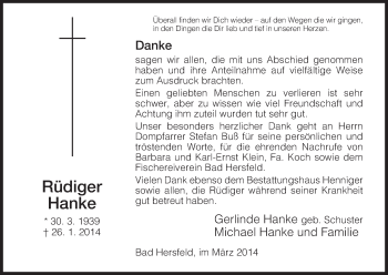 Traueranzeige von Rüdiger Hanke von Hersfeld