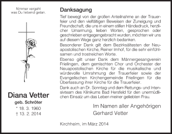 Traueranzeige von Diana Vetter von Hersfeld