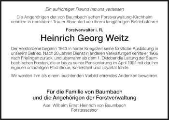 Traueranzeige von Heinrich Georg Weitz von Hersfeld