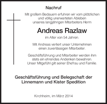 Traueranzeige von Andreas Razlaw von Hersfeld