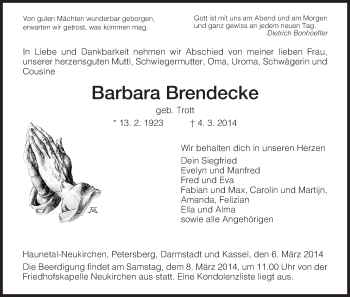 Traueranzeige von Barbara Brendecke von Hersfeld