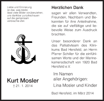 Traueranzeige von Kurt Mosler von Hersfeld