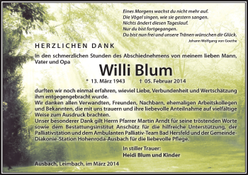 Traueranzeige von Willi Blum von Hersfeld