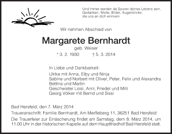 Traueranzeige von Margarethe Bernhardt von Hersfeld