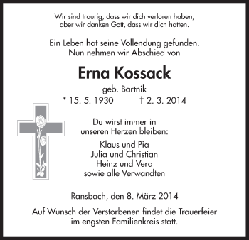 Traueranzeige von Erna Kossack von Hersfeld