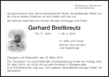 Traueranzeige von Gerhard Breitkreutz von Hersfeld