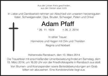 Traueranzeige von Adam Pfaff von Hersfeld