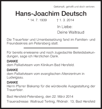 Traueranzeige von Hans-Joachim Deutsch von Hersfeld