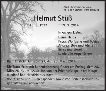 Traueranzeige von Helmut Stüß von Hersfeld