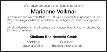 Traueranzeige von Marianne Vollmar von Hersfeld