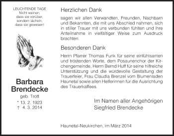 Traueranzeige von Barbara Brendecke von Hersfeld