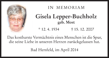 Traueranzeige von Gisela Lepper-Buchholz von Hersfeld