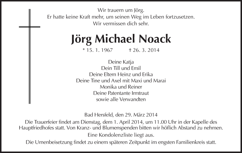  Traueranzeige für Jörg Michael Noack vom 29.03.2014 aus Hersfeld