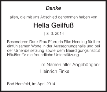 Traueranzeige von Hella Geilfuß von Hersfeld