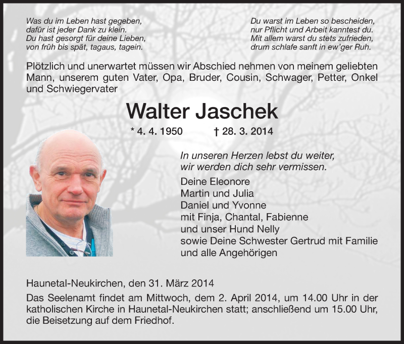  Traueranzeige für Walter Jaschek vom 31.03.2014 aus Hersfeld