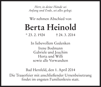 Traueranzeige von Berta Heinold von Hersfeld