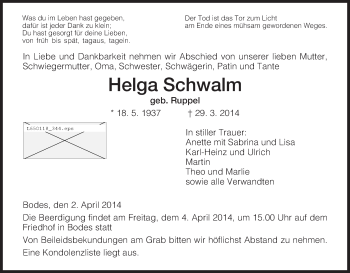 Traueranzeige von Helga Schwalm von Hersfeld